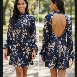Free People NWOT Black and Beige Floral Open-Back Long-Sleeve Mini Dress, Sz L .